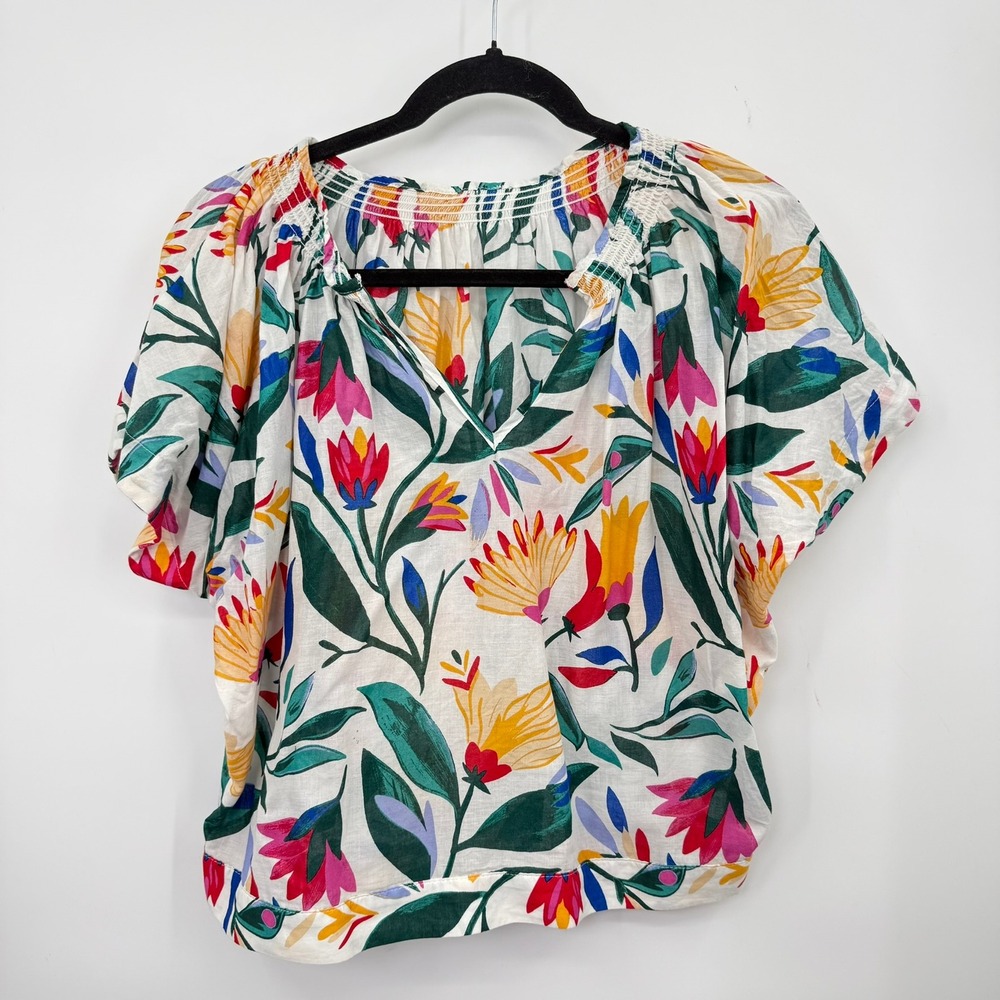 Handmade Floral Blouse Women M Cotton Blend Boho Cottagecore Tropical Summer